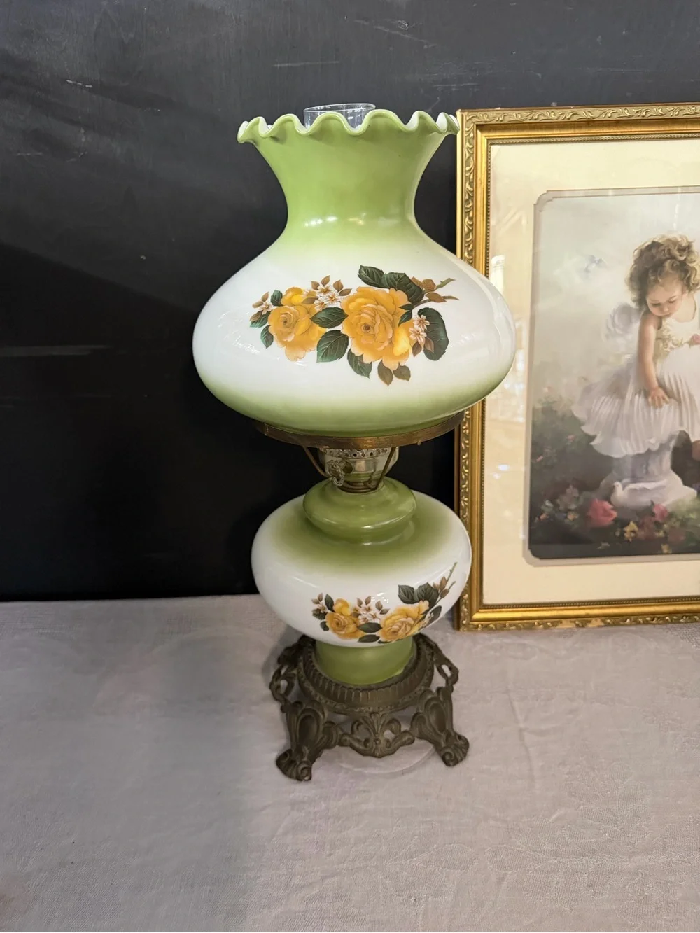 Vintage Floral Hurricane Lamp in Yellow, Green & White